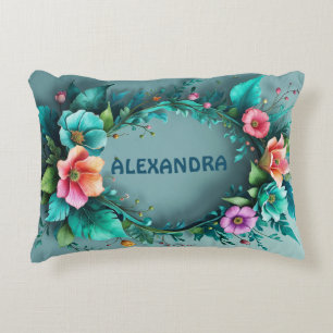 Almofada Decorativa Moldura de Flores 3D em Aquarela 27 + seu texto
