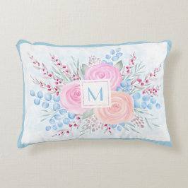 Almofada Decorativa Monograma Cor de Água Buquê Rosas Rosa Azul Folhas