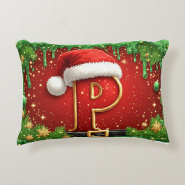 Almofada Decorativa Monograma de Natal Personalizado P com Chapéu de P