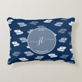 Almofada Decorativa Monograma de Padrão de Folhas Azul marinho