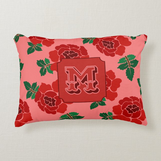 Almofada Decorativa Monograma de Rosas Vermelhas  (Frente)