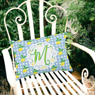 Almofada Decorativa Monograma de Verificação Branco Azul com Limões Am