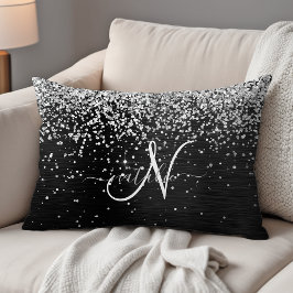 Almofada Decorativa Monograma do Sparkle Preto com Glitter de Prata Pe
