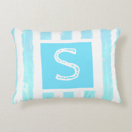 Almofada Decorativa Monograma Listras de Aquarela em Azul Gelo Branco