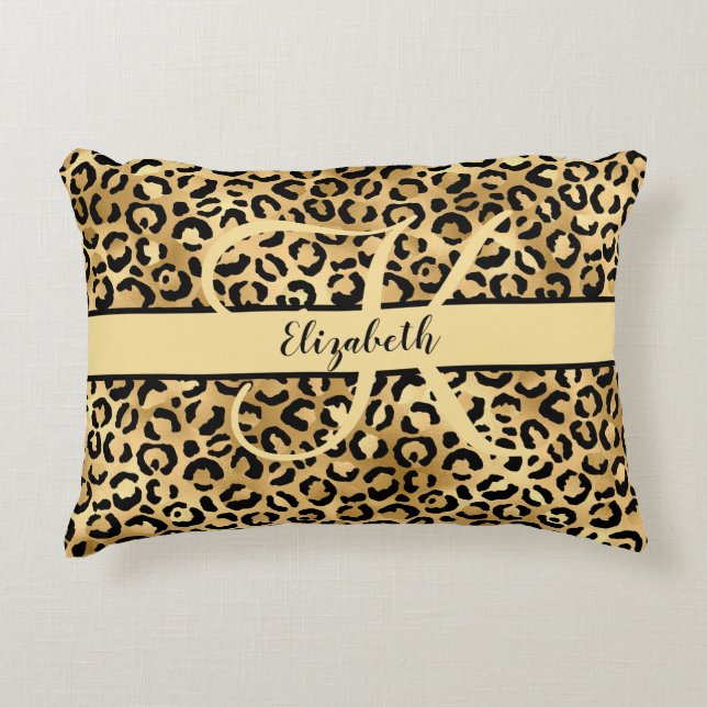 Almofada Decorativa Monograma Nome preto Leopardo Dourado Cheetah Impr (Frente)