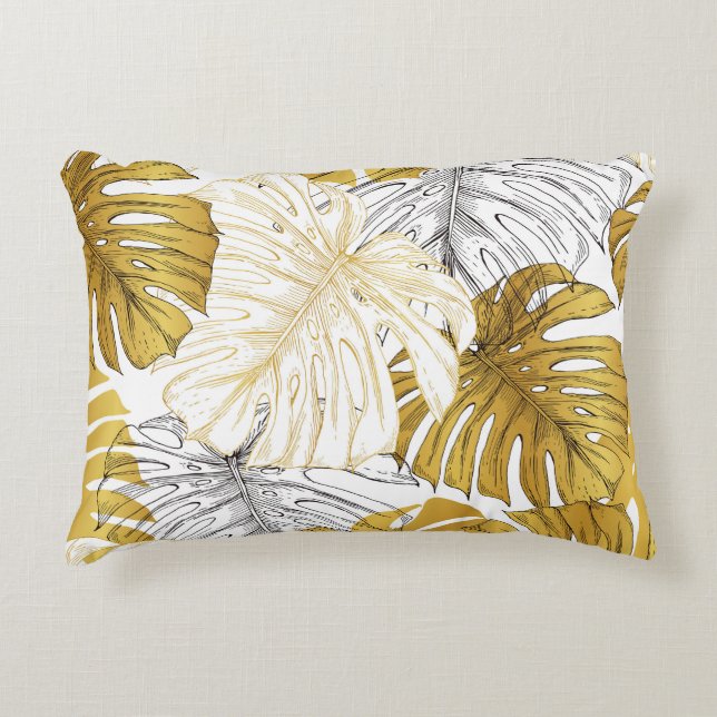 Almofada Decorativa Monstera Leaves: Ouro Branco (Frente)