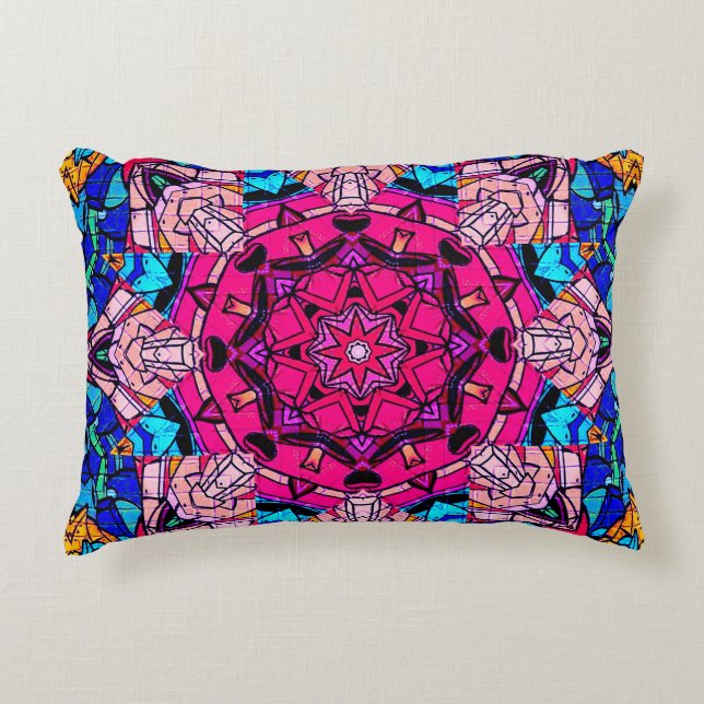 Almofada Decorativa Mosaico Rosa Mandala Floral Psicélico Retro (Frente)