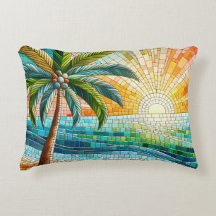 Almofada Decorativa Mosaico Tropical Pôr do Sol na Praia Palmeira