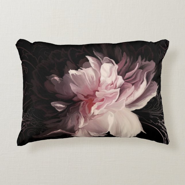 Almofada Decorativa Muro Escuro de Peony: Design de Flor Pintado (Frente)
