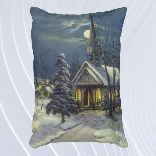 Almofada Decorativa Natal Antigo, Igreja de Inverno na Neve com Lua (Criador carregado)