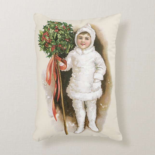 Almofada Decorativa Natal Antigo, Menina Vitoriana com Azevinho (Frente(Vertical))