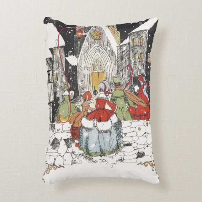 Almofada Decorativa Natal Antigo Vitoriano Pessoas Indo à Igreja (Frente(Vertical))