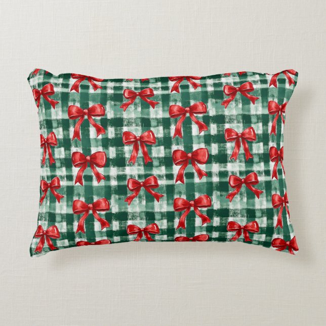 Almofada Decorativa Natal Xadrez Verde com Laço Vermelho (Frente)