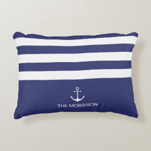 Almofada Decorativa Náutico Stripes Boat Name White âncora marinho a