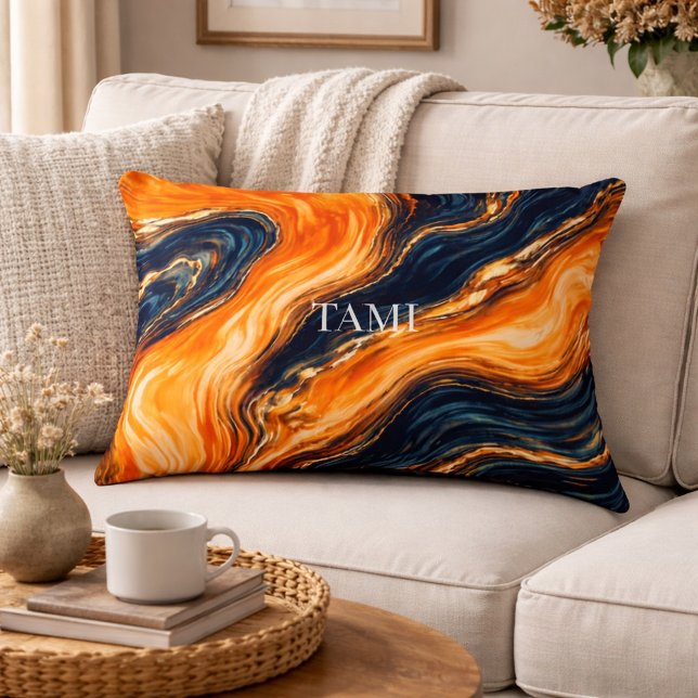 Almofada Decorativa Nome Abstrato de Mármore Laranja e Azul-Marinho (Criador carregado)