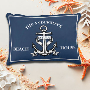Almofada Decorativa Nome da Família da Casa de Praia Náutica Âncora do