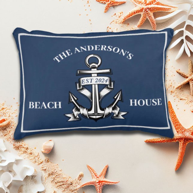 Almofada Decorativa Nome da Família Náutica Beach House Est Ship Ancho (Nautical Beach House Family Name Est Ship Anchor Accent Pillow)