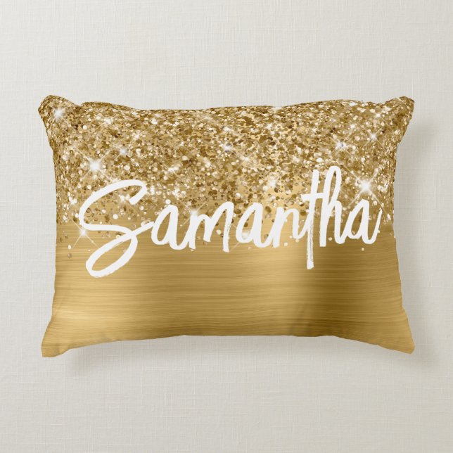 Almofada Decorativa Nome do Script da Escova Glam Glittery Gold (Frente)