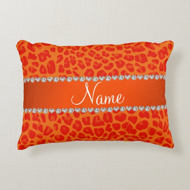 Almofada Decorativa Nome personalizado padrão leopardo laranja (Frente)