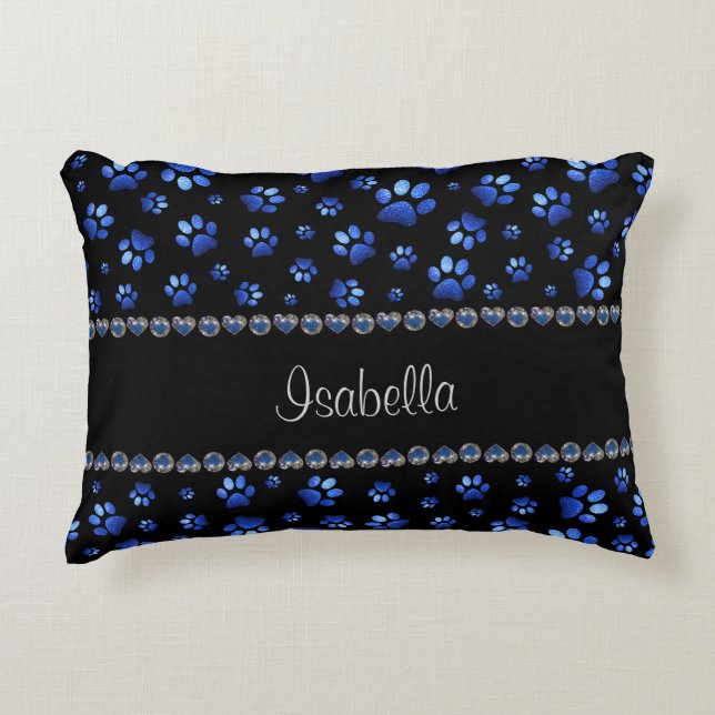 Almofada Decorativa Nome personalizado, patas de cão com brilho azul (Frente)