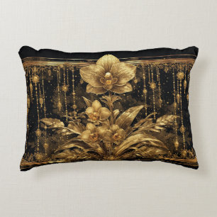 Almofada Decorativa Obra de Arte Floral de Orquídea Dourada Luxuosa