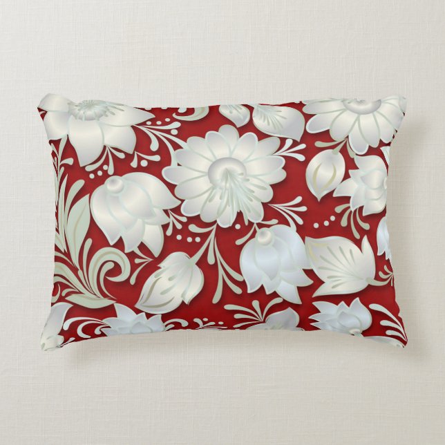Almofada Decorativa Ornamento Floral Branco abstrato em Fundo Vermelho (Frente)