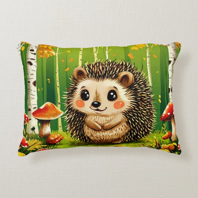 Almofada Decorativa ouriço fofo com fundo de floresta verde (Frente)