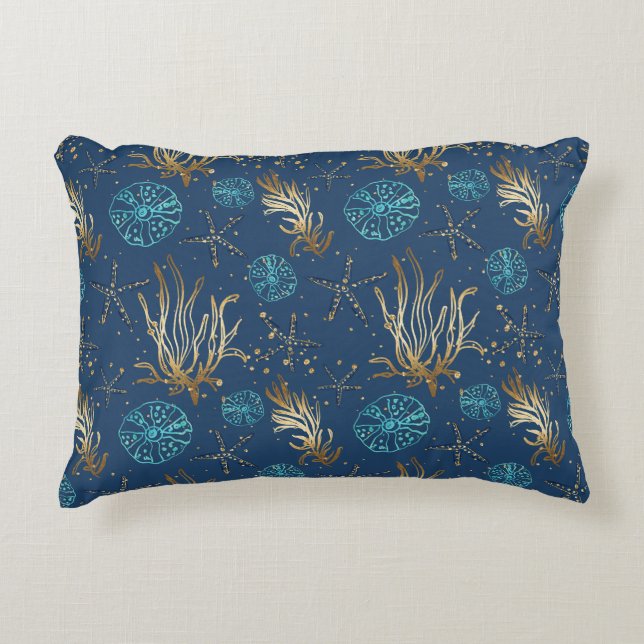Almofada Decorativa Ouro Starfish e Coral Reef Patterno em Azul (Frente)