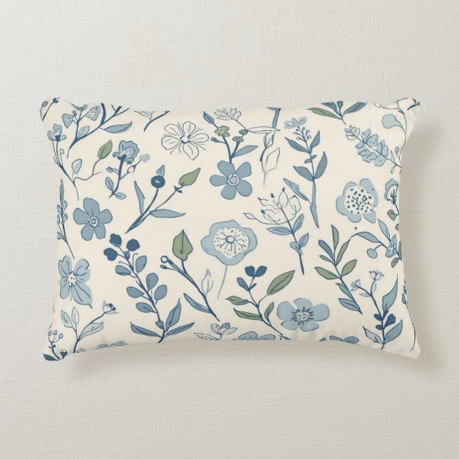 Almofada Decorativa Padrão Botânico de Prado de Flores Silvestres Azul (Frente)