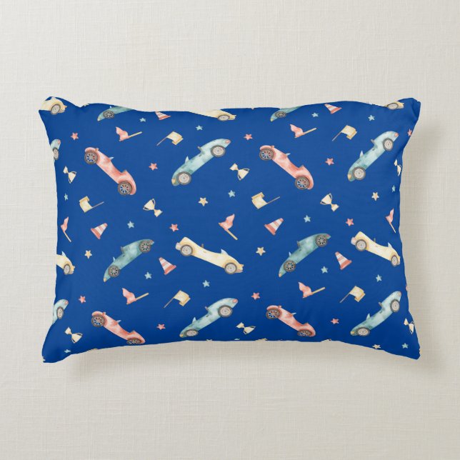 Almofada Decorativa Padrão de Aquarela do Carro de Menino em Azul (Frente)