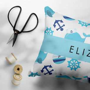 Almofada Decorativa Padrão De Baleias, Baleias Azuis, Seu Nome