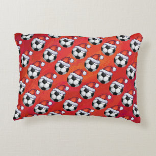 Almofada Decorativa Padrão de Bola de Futebol de Santa Hat em Vermelho