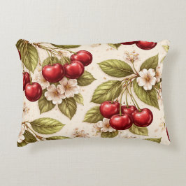 Almofada Decorativa Padrão de Cerejeira Vintage com Cerejas Vermelhas