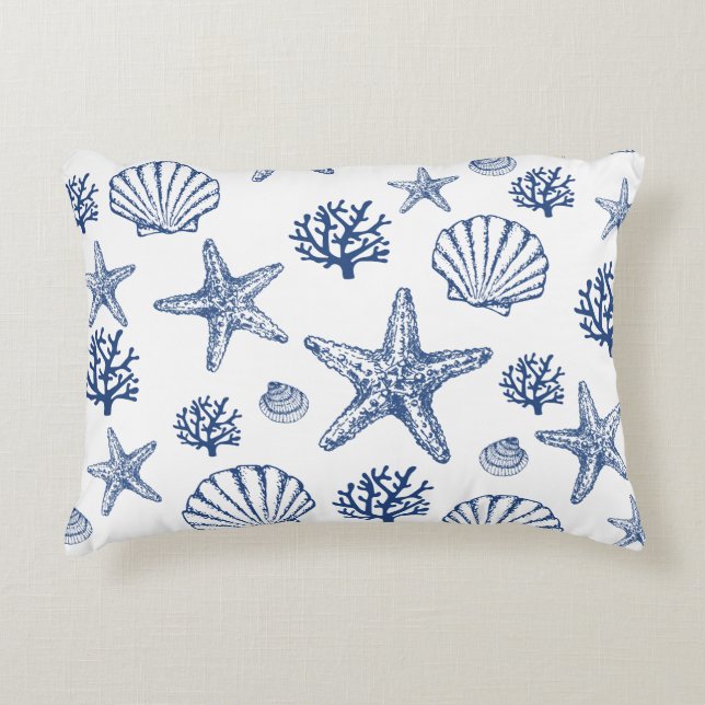 Almofada Decorativa Padrão de Concha do Mar Branco Marinho Design Cost (Frente)