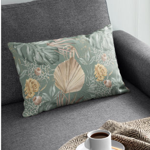 Almofada Decorativa Padrão de Cores Aquáticas Tropicais Douradas e Fol
