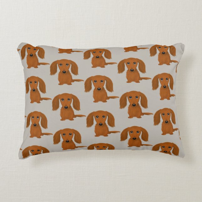 Almofada Decorativa Padrão de Dachshund Vermelho de Cabelo Longo (Frente)