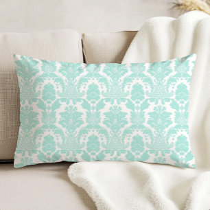Almofada Decorativa Padrão de Damasco Antigo Ornamentado Aqua em Branc
