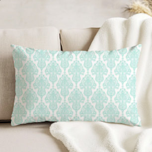 Almofada Decorativa Padrão de Damasco Antigo Ornamentado Aqua em Branc