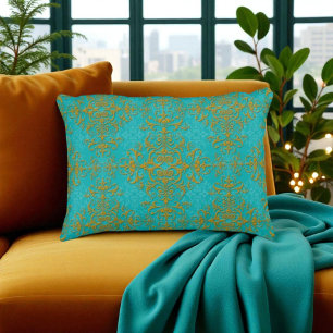 Almofada Decorativa Padrão de Damasco em Ouro e Turquesa