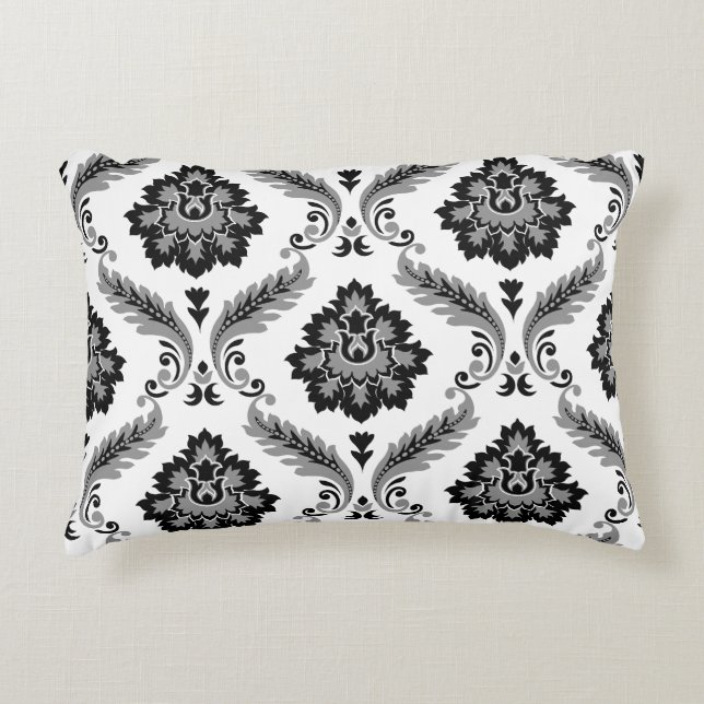 Almofada Decorativa Padrão de Damasco Rococó Cinza Preto Branco (Frente)