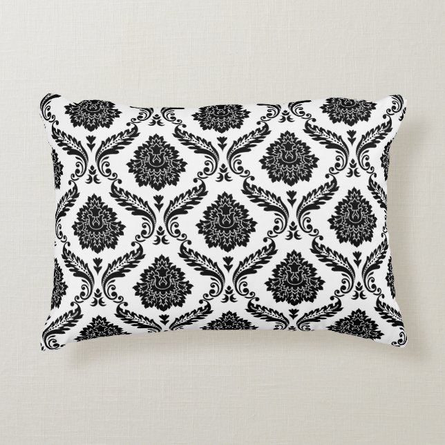 Almofada Decorativa Padrão de Damasco Rococó Preto no Branco (Frente)