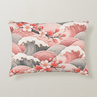 Almofada Decorativa Padrão de Flor de Cerejeira da Onda Japonesa Coral