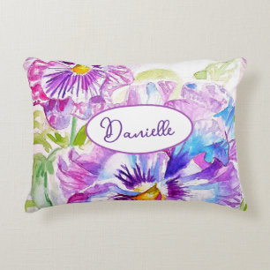 Almofada Decorativa Padrão de Flor de Pensamento Roxo Aquarela Azul Me