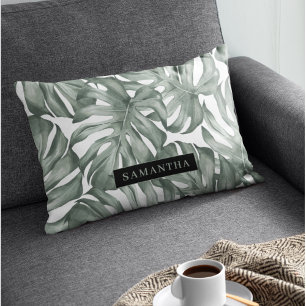 Almofada Decorativa Padrão de Folhas de Oásis Moderna de Aquarela Trop