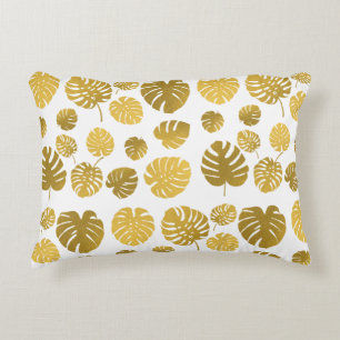 Almofada Decorativa Padrão de Folhas Tropicais de Monstera Dourada Mod