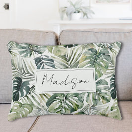 Almofada Decorativa Padrão de Folhas Tropicais Verde de Aquarela