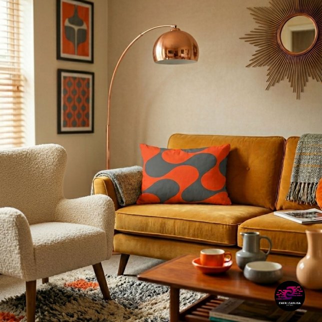 Almofada Decorativa Padrão de Onda Mod Laranja Retro (Your sofa just found its personality.)