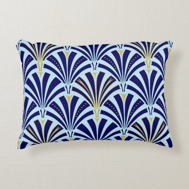 Almofada Decorativa Padrão do ventilador Art Deco - cobalto e azul-céu (Frente)