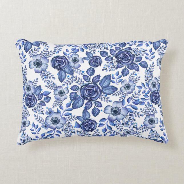 Almofada Decorativa Padrão Floral Azul de Aquarela (Frente)