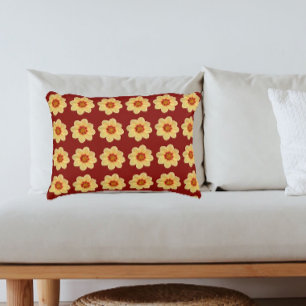 Almofada Decorativa Padrão Floral de Dália Amarela sobre Vermelho Tijo